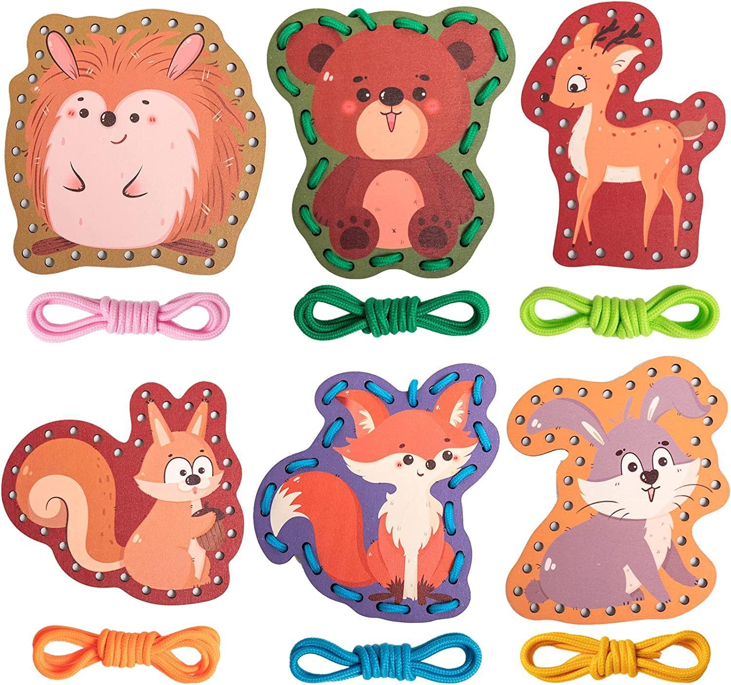 Montessori Wooden Forest Animals Lacing Cards - MontessoriFun